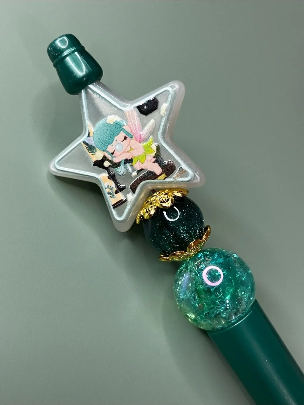 Bubble Fairy Star Handmade Green Beaded Pen